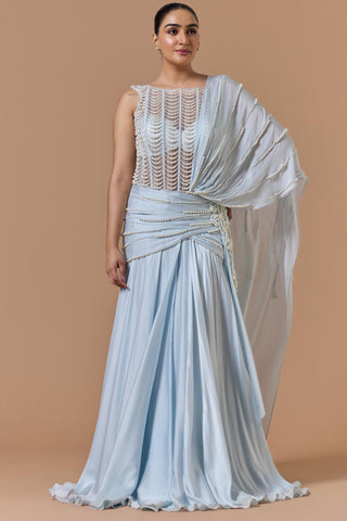 Satin gown saree for Indian Wedding – Powder Blue Navyaa by Nitika Gujral