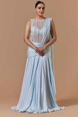 Satin gown saree for Indian Wedding – Powder Blue Navyaa by Nitika Gujral