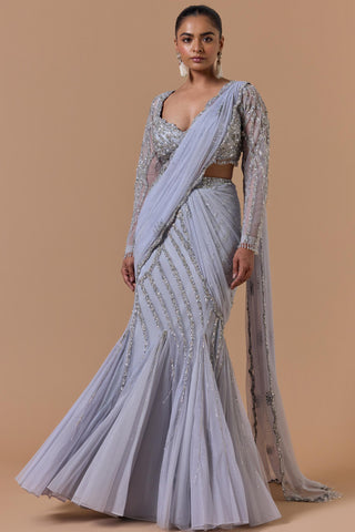 Net draped saree for Indian Wedding – Grey Navyaa by Nitika Gujral