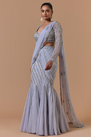 Net draped saree for Indian Wedding – Grey Navyaa by Nitika Gujral