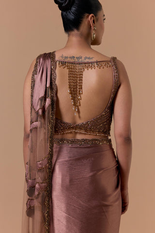 Satin draped saree for Indian Wedding – Copper Navyaa by Nitika Gujral