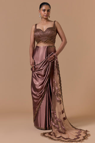 Satin draped saree for Indian Wedding – Copper Navyaa by Nitika Gujral