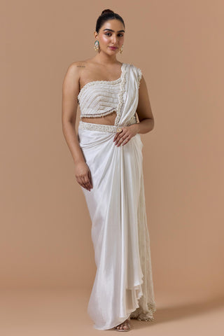 Draped saree for Indian Wedding – Ivory One Shoulder Navyaa by Nitika Gujral