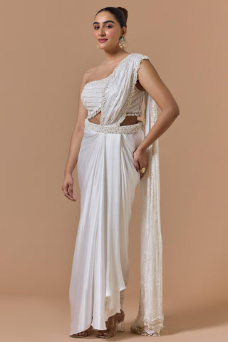 Draped saree for Indian Wedding – Ivory One Shoulder Navyaa by Nitika Gujral