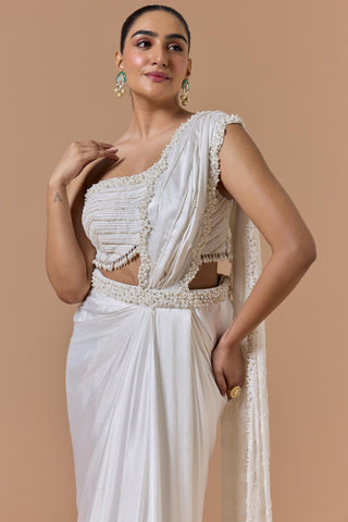 Draped saree for Indian Wedding – Ivory One Shoulder Navyaa by Nitika Gujral