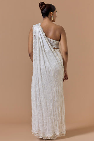 Draped saree for Indian Wedding – Ivory One Shoulder Navyaa by Nitika Gujral