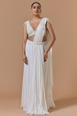 Draped saree for Indian Wedding – White Georgette Navyaa by Nitika Gujral