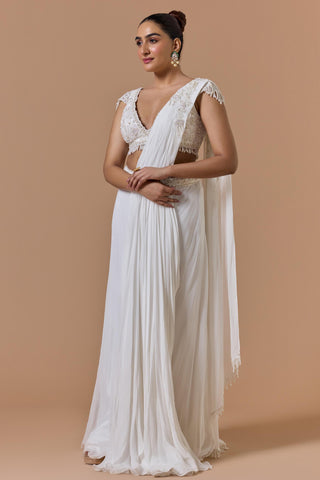 Draped saree for Indian Wedding – White Georgette Navyaa by Nitika Gujral