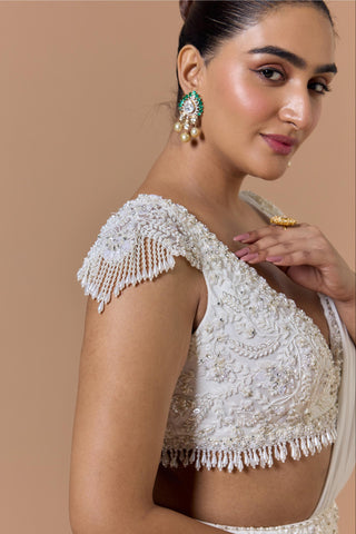 Draped saree for Indian Wedding – White Georgette Navyaa by Nitika Gujral