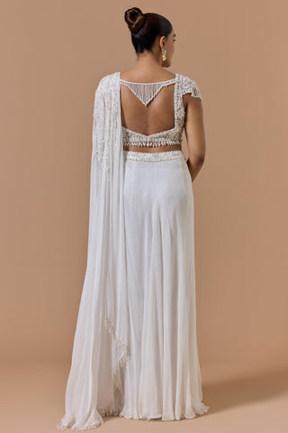 Draped saree for Indian Wedding – White Georgette Navyaa by Nitika Gujral