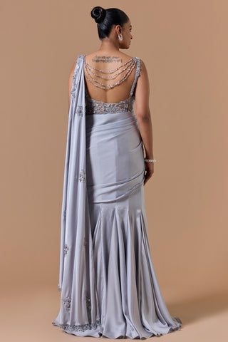 Draped gown saree for Indian Wedding – Grey Navyaa by Nitika Gujral