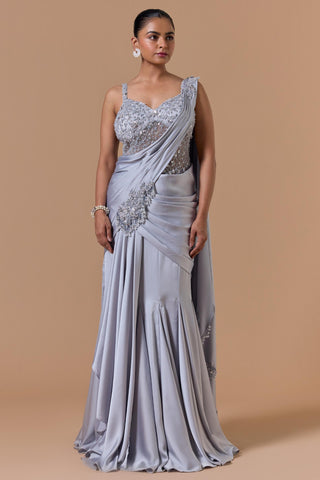 Draped gown saree for Indian Wedding – Grey Navyaa by Nitika Gujral