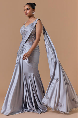 Draped gown saree for Indian Wedding – Grey Navyaa by Nitika Gujral