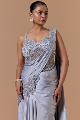 Draped gown saree for Indian Wedding – Grey Navyaa by Nitika Gujral
