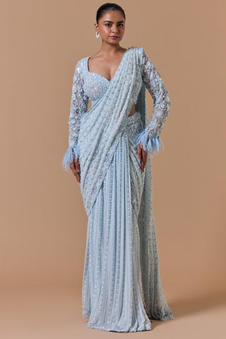 Pleated draped saree for Indian Wedding – Powder Blue Navyaa by Nitika Gujral