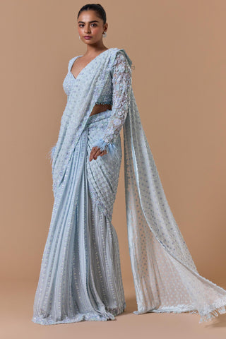 Pleated draped saree for Indian Wedding – Powder Blue Navyaa by Nitika Gujral