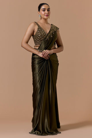 Draped saree for Indian Wedding – Olive Green Navyaa by Nitika Gujral