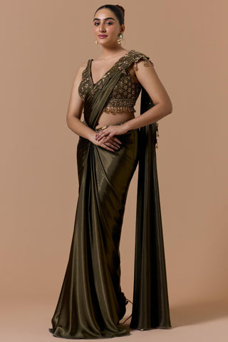 Draped saree for Indian Wedding – Olive Green Navyaa by Nitika Gujral