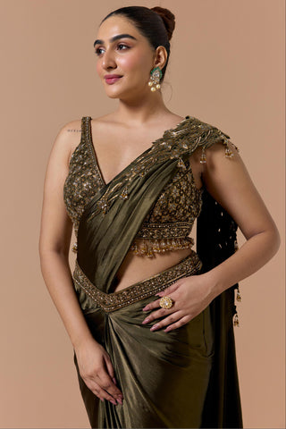 Draped saree for Indian Wedding – Olive Green Navyaa by Nitika Gujral