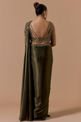 Draped saree for Indian Wedding – Olive Green Navyaa by Nitika Gujral