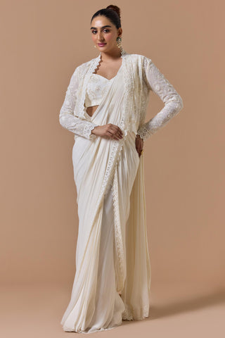 Draped saree for Indian Wedding – Ivory Jacket Navyaa by Nitika Gujral