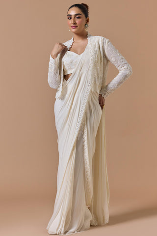 Draped saree for Indian Wedding – Ivory Jacket Navyaa by Nitika Gujral