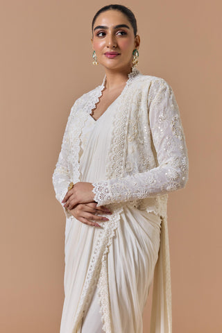 Draped saree for Indian Wedding â€“ Ivory Jacket Navyaa by Nitika Gujral