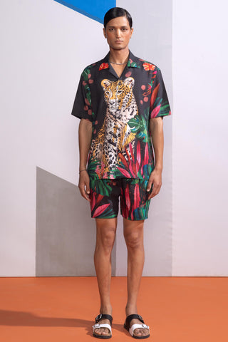 Brown feral flora-charcoal postcard polo shirt