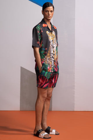 Brown feral flora-charcoal postcard polo shirt