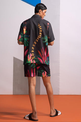 Brown feral flora-charcoal postcard polo shirt