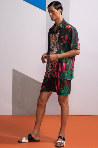 Brown feral flora-charcoal postcard polo shirt