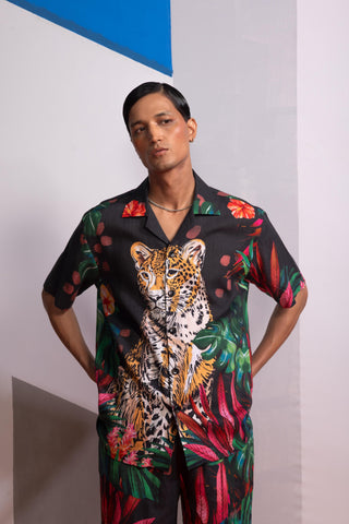 Brown feral flora-charcoal postcard polo shirt