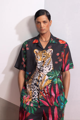 Brown feral flora-charcoal postcard polo shirt