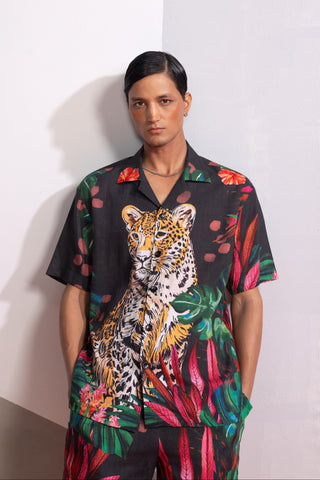 Brown feral flora-charcoal postcard polo co-ord set