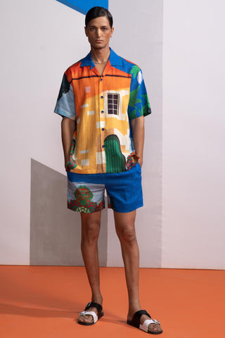 Blue house on the shore postcard polo co-ord set
