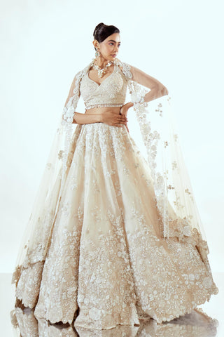 Ivory half garden Lehenga Set for Indian Wedding – Floral  Organza by Pallavi Poddar