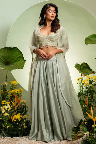 Satin Skirt Set for Contemporary Wear – Green Eden by Pallavi Poddar