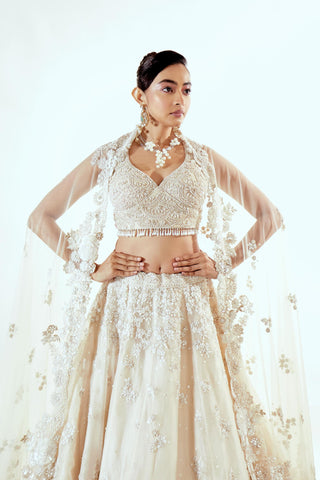 Ivory half garden Lehenga Set for Indian Wedding – Floral  Organza by Pallavi Poddar