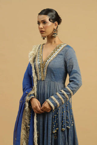 Blue anarkali suit with straight pants & dupatta