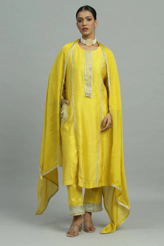 Yellow long kurta with straight pants & dupatta