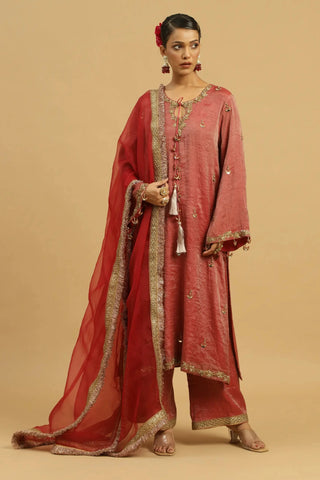 Maroon kurta with wide pants & dupatta