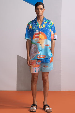 Blue lemons and boats postcard polo shirt