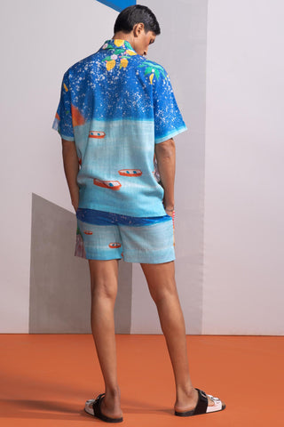 Blue lemons and boats postcard polo co-ord set