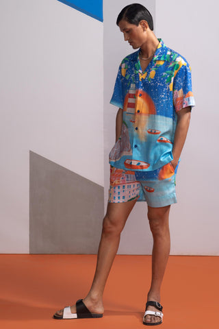 Blue lemons and boats postcard polo shirt