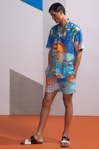 Blue lemons and boats postcard polo co-ord set