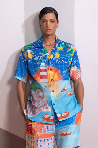 Blue lemons and boats postcard polo shirt