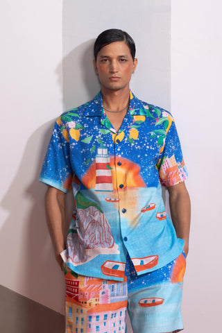 Blue lemons and boats postcard polo co-ord set