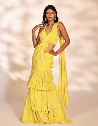 Amani yellow printed pre-draped saree and blouse