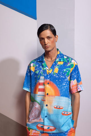 Blue lemons and boats postcard polo shirt