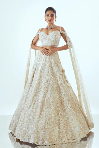 Beige Lehenga Set for Indian Wedding – Mukti 3D Floral Organza by Pallavi Poddar